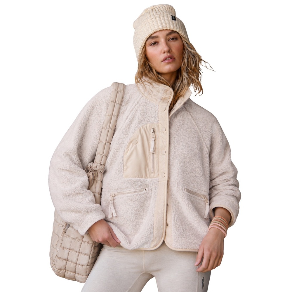 Free People FP Movement Hit The Slopes Fleece Jacket Pale Pink Sherpa Snap Large